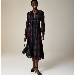 J.Crew Tie Neck Dress Midi Stewart Tartan Viscose Chiffon Plaid Preppy M NWT